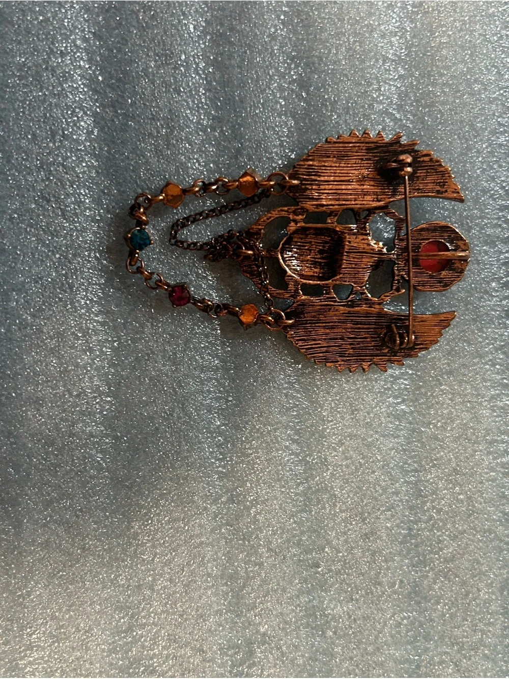 Source Unknown Blue and Coral Winged Scarab Brooch with Chain Drops